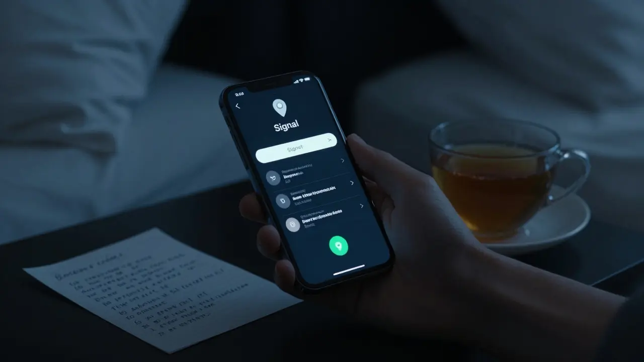 Hand holding a phone with an encrypted payment link, a handwritten booking note beside a cup of tea in a dim bedroom.