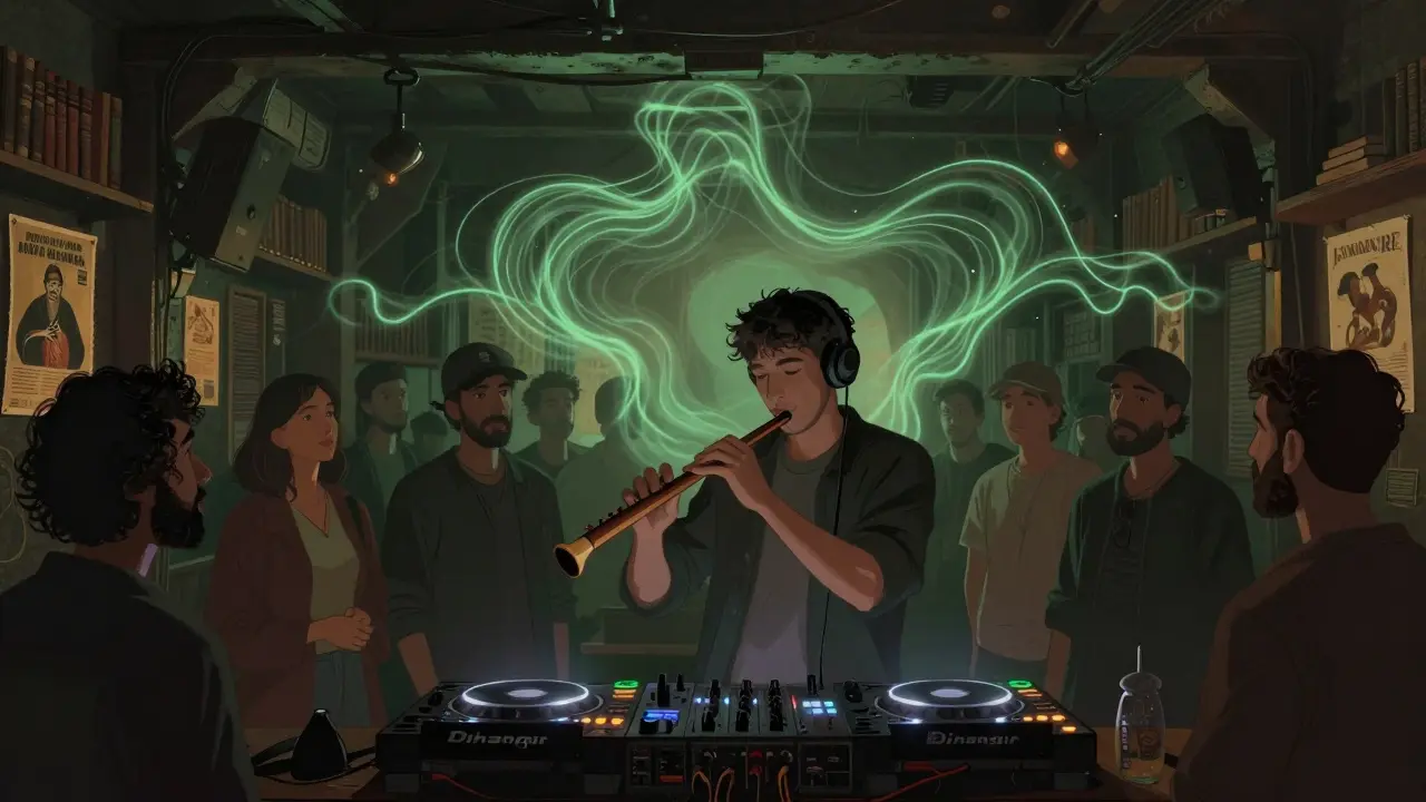 Hidden basement club in Cihangir where a DJ mixes traditional ney flute with electronic beats among bookshelves.
