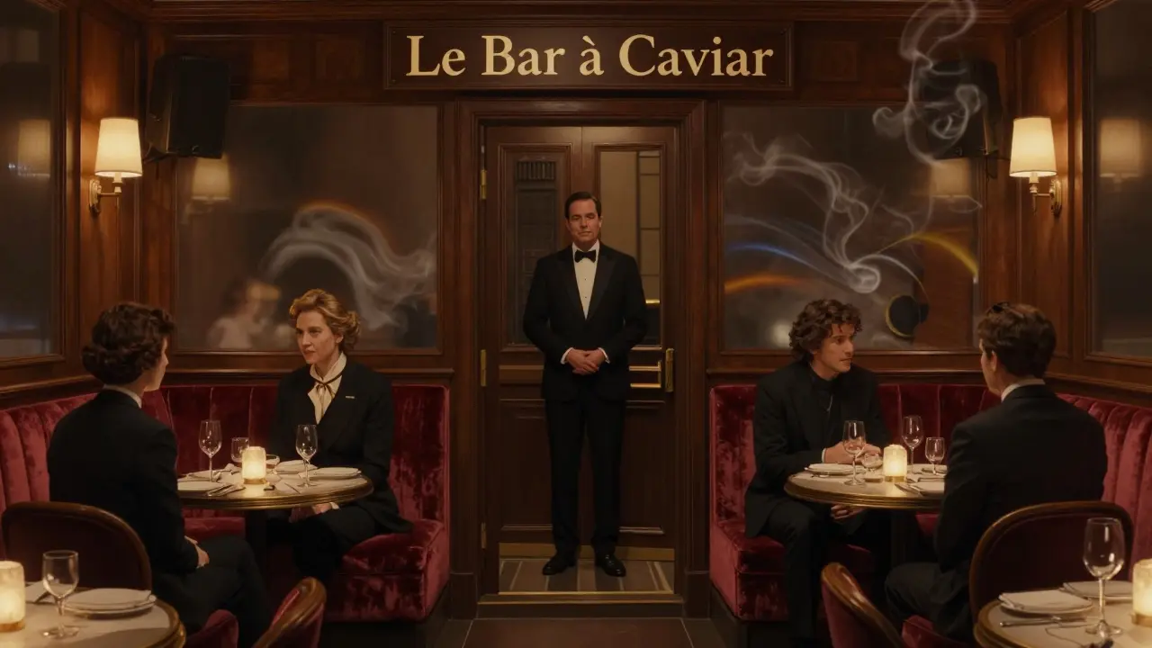 Hidden caviar bar in Monaco with dim lighting, velvet seating, and discreet elite guests.