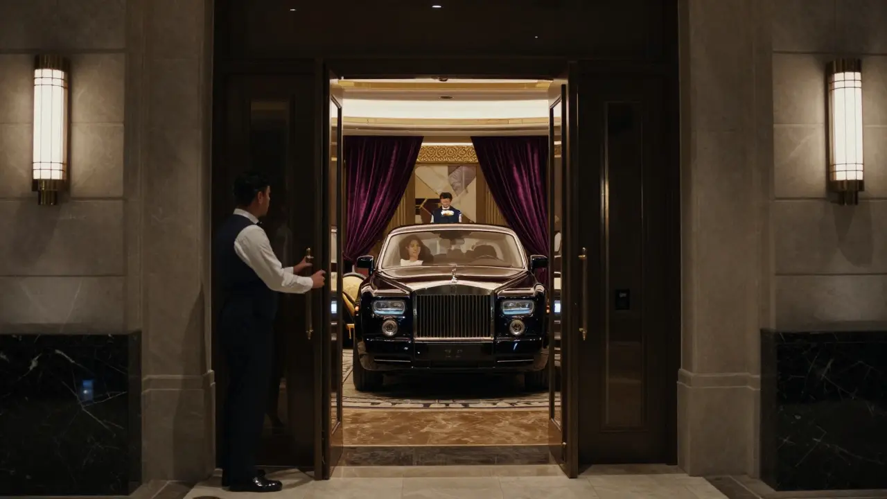 Hidden entrance to an exclusive Dubai lounge with a Rolls-Royce arriving at night, no signs or faces visible.