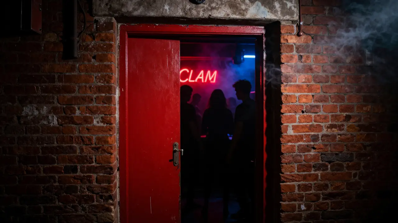 Hidden red door entrance to Clam nightclub, dimly lit with faint neon glow and shadowy dancers inside.