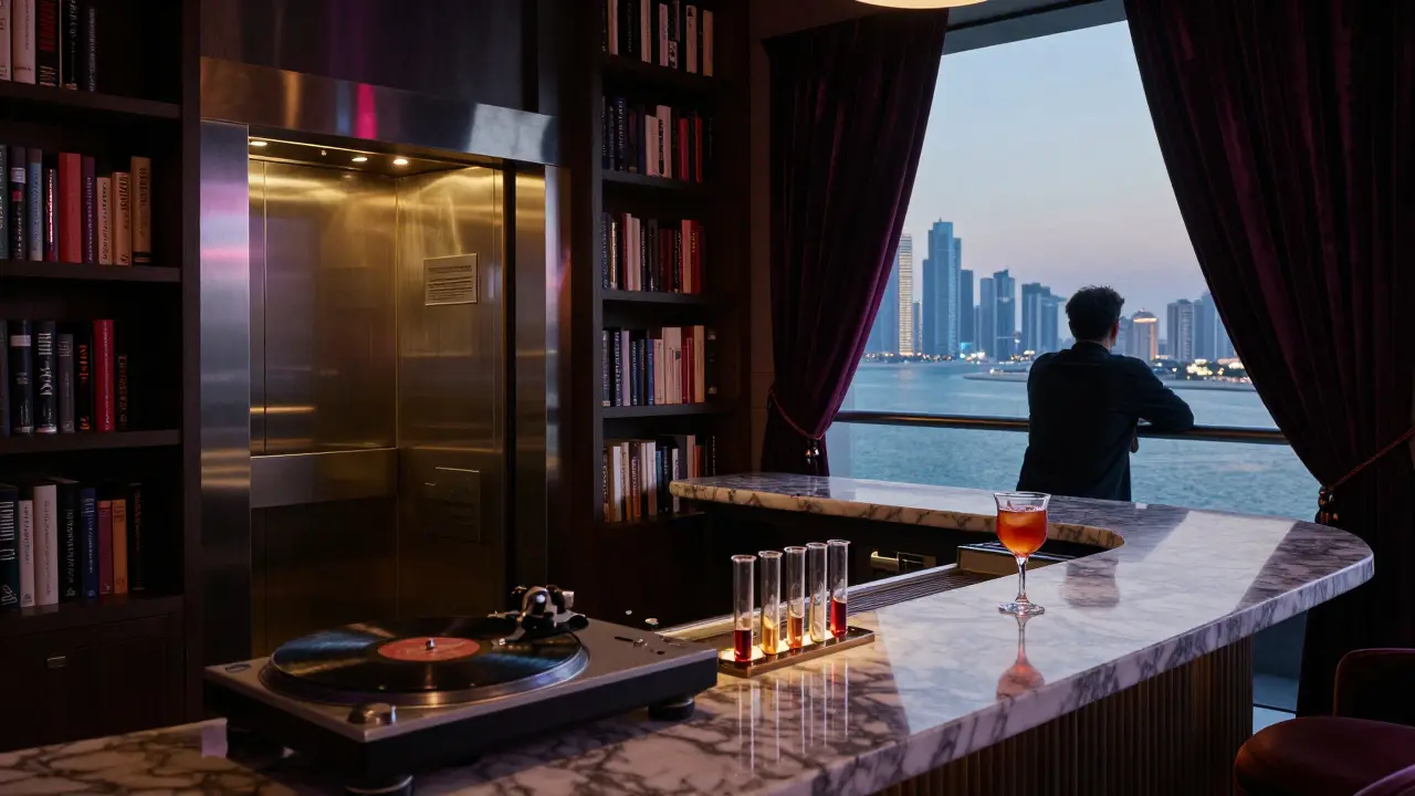 Hidden rooftop bar with vinyl records and test tube cocktails, city skyline glowing in the distance.