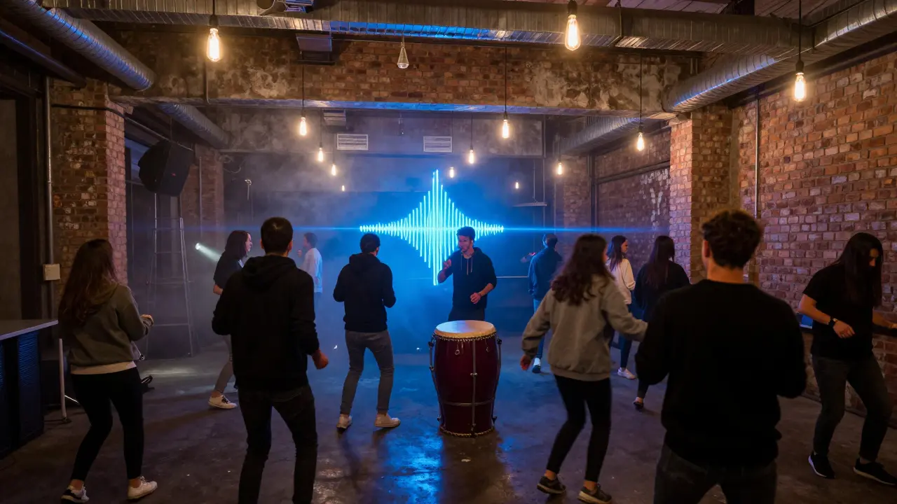 Hidden warehouse club in Zeytinburnu with dancers under neon lights and Ottoman drums.