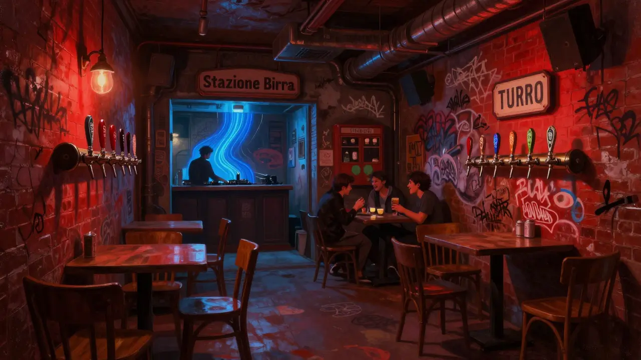 Industrial beer hall with graffiti walls and hidden techno party in the back room, dim red lighting.