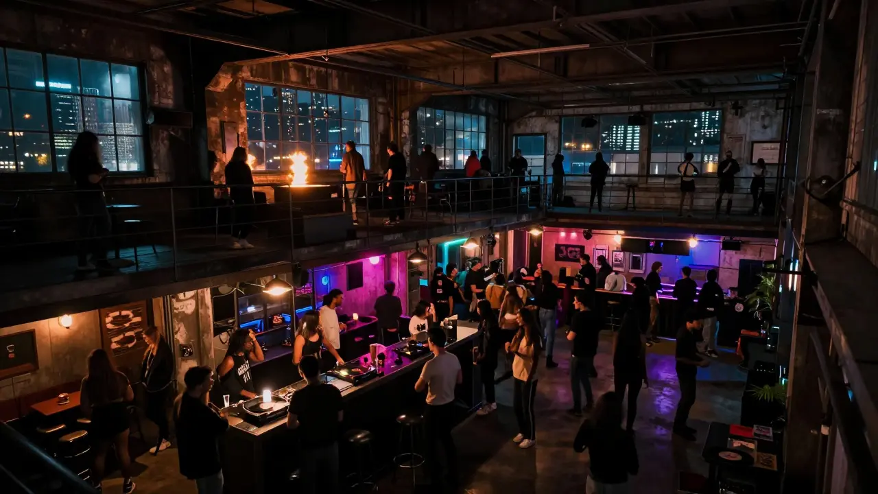 Industrial nightclub Ex Dogana at night with diverse crowds dancing under moody lighting and city views.