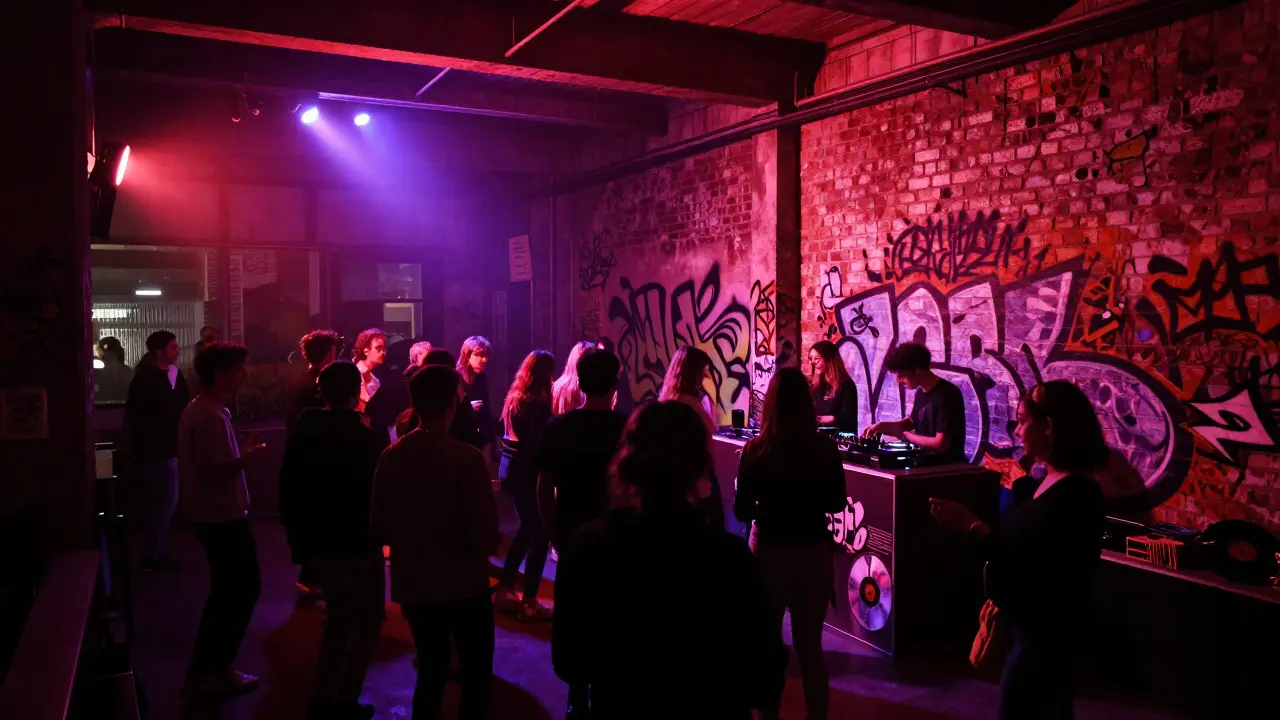 Industrial warehouse party with dancing crowd and colorful stage lights in Lambrate.