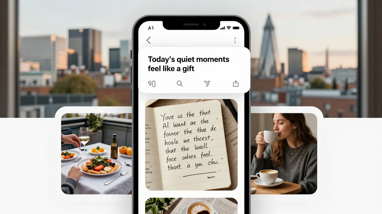 Instagram-style photo grid showing curated moments of an escort’s life: rooftop dinner, handwritten note, and morning coffee.
