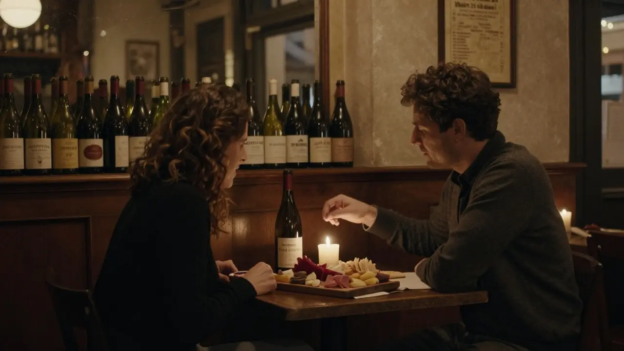 Intimate couple sharing wine and charcuterie in a cozy, bottle-lined Soho wine bar.