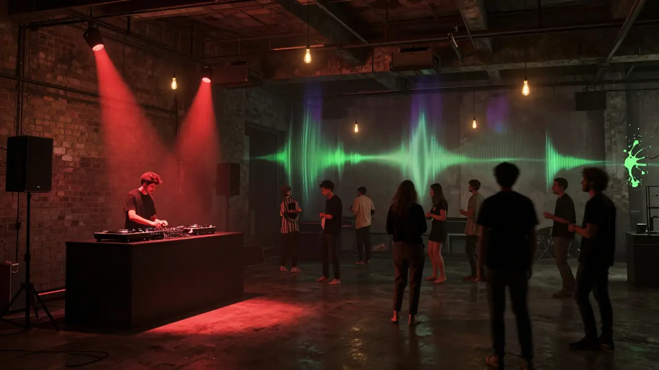 Intimate underground party in a warehouse with moody lighting and a DJ surrounded by music lovers.