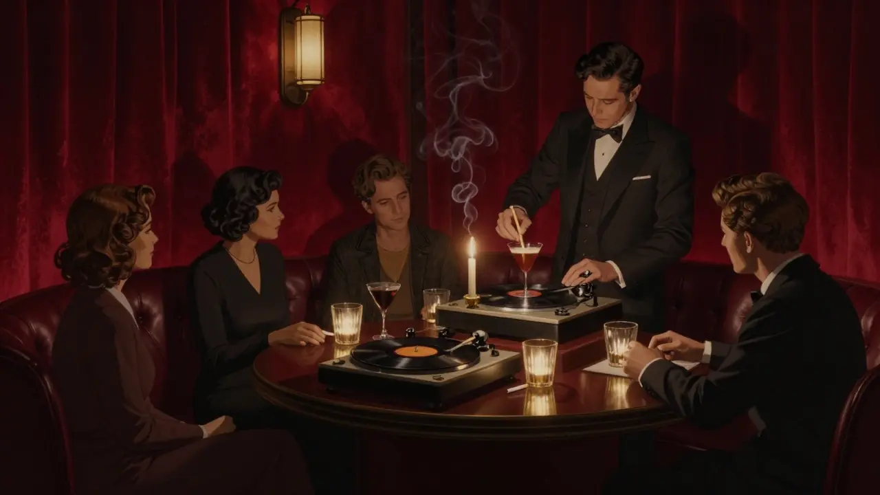 Intimate velvet lounge with jazz records and candlelit bartenders, patrons in quiet contemplation.