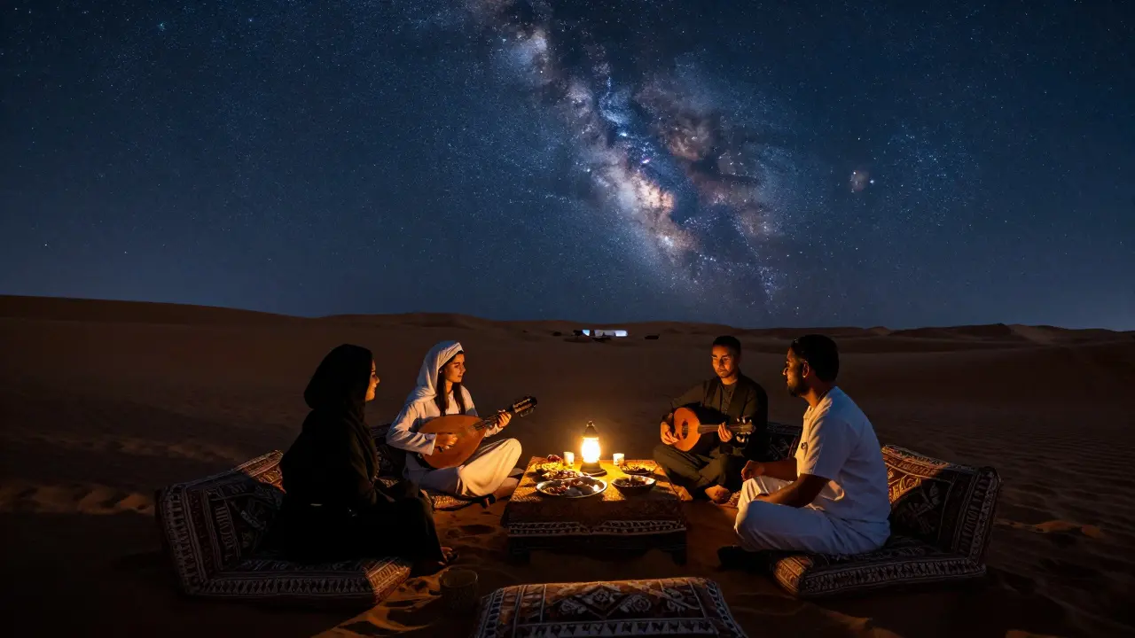 Luxury desert camp under a starry sky with guests seated around lantern-lit tables listening to oud music.