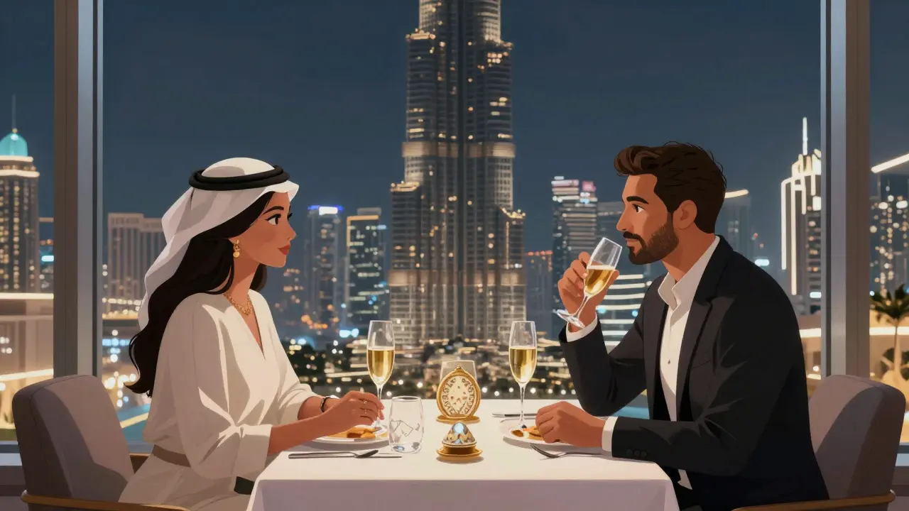 Man and woman dining at At.mosphere restaurant high above Burj Khalifa, overlooking Dubai&#039;s glittering night lights.