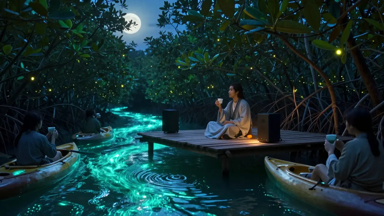 Mangrove forest at night with glowing algae, floating platform, and fireflies above quiet kayakers.