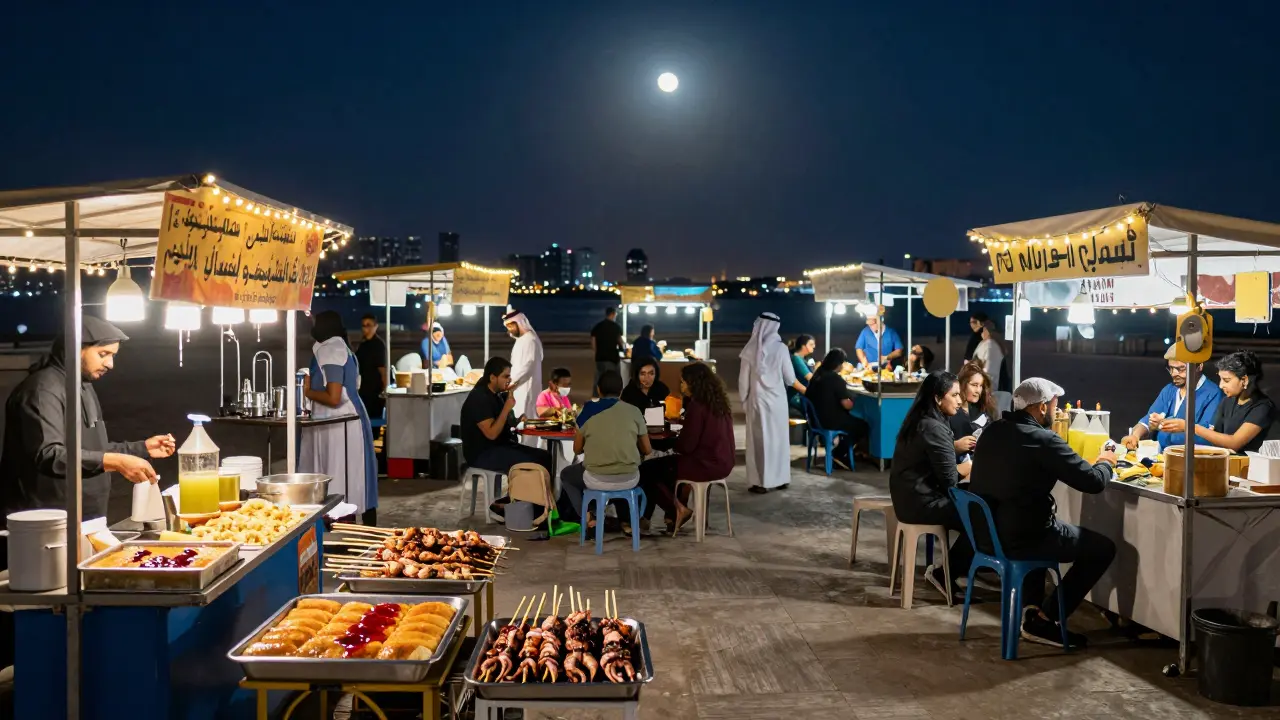 Night market stalls under fairy lights serving kunafa, grilled octopus, and sugarcane juice with diverse locals sharing tables.
