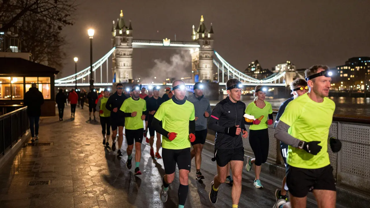 Night runners in reflective gear jogging past Tower Bridge, lit by headlamps and streetlights, with a café in the distance.