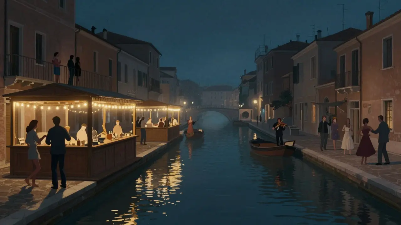 Nighttime scene of boats along Milan's Navigli canal with people dancing under string lights.