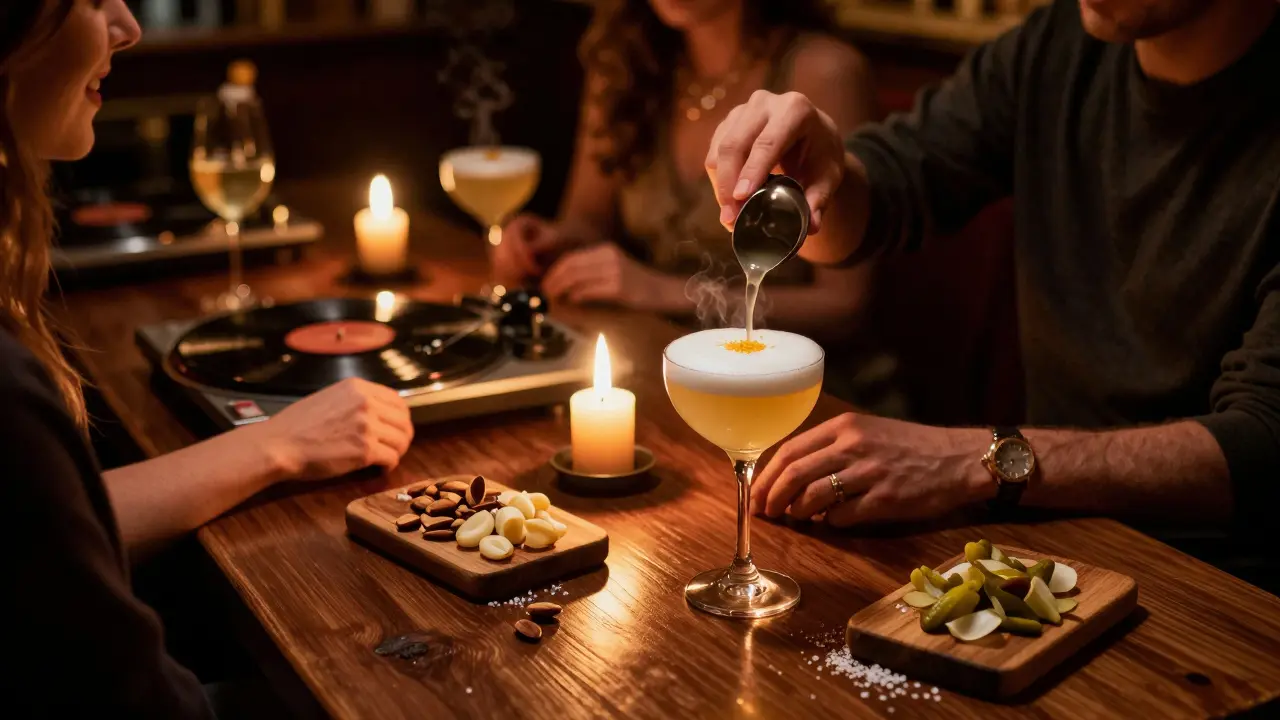Patrons enjoying jazz-age cocktails in a candlelit 1920s speakeasy with vinyl records playing.