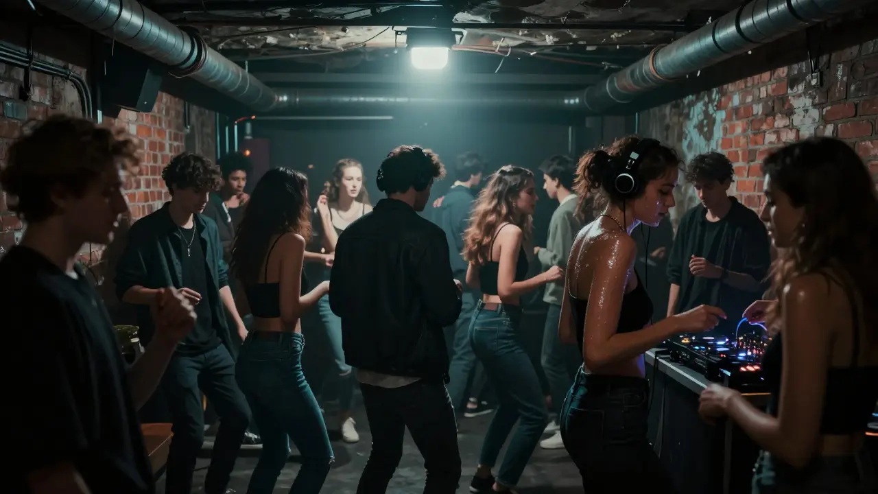 People dancing in a raw, industrial underground club in Isola under a single spotlight.