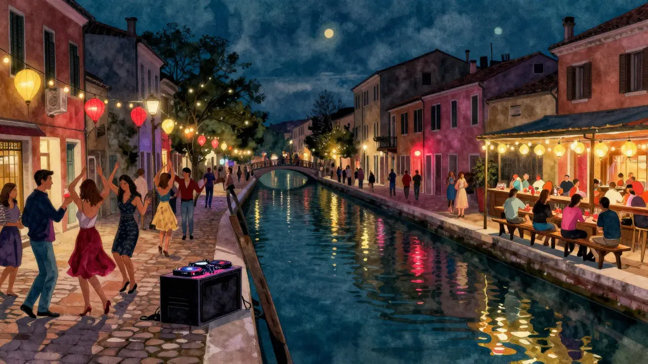 People dancing under string lights and lantern reflections along Milan&#039;s Navigli canals after dark.