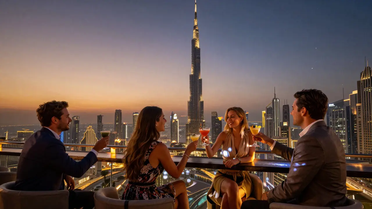 People enjoying cocktails at Skyview Bar with Dubai skyline and Burj Khalifa glowing at twilight.