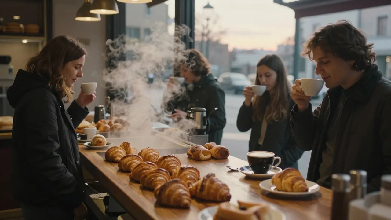 People enjoying fresh pastries and coffee at a bakery at dawn after a night out in Milan.