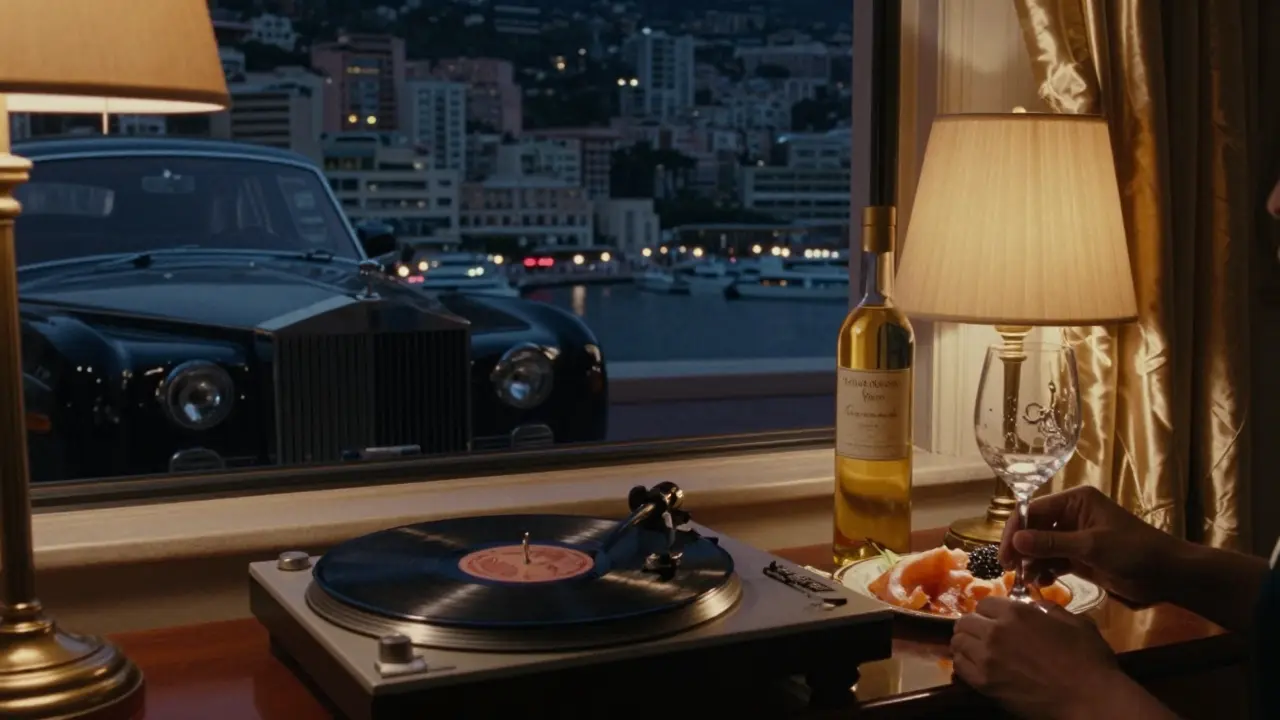 Private afterparty at 4 a.m. in Monaco with vinyl record, caviar, and golden light.