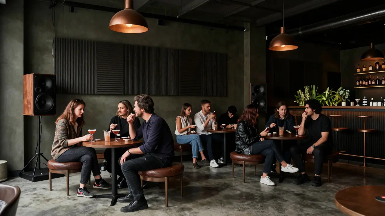 Quiet underground lounge with industrial decor, patrons sipping artisanal cocktails in soft ambient lighting.