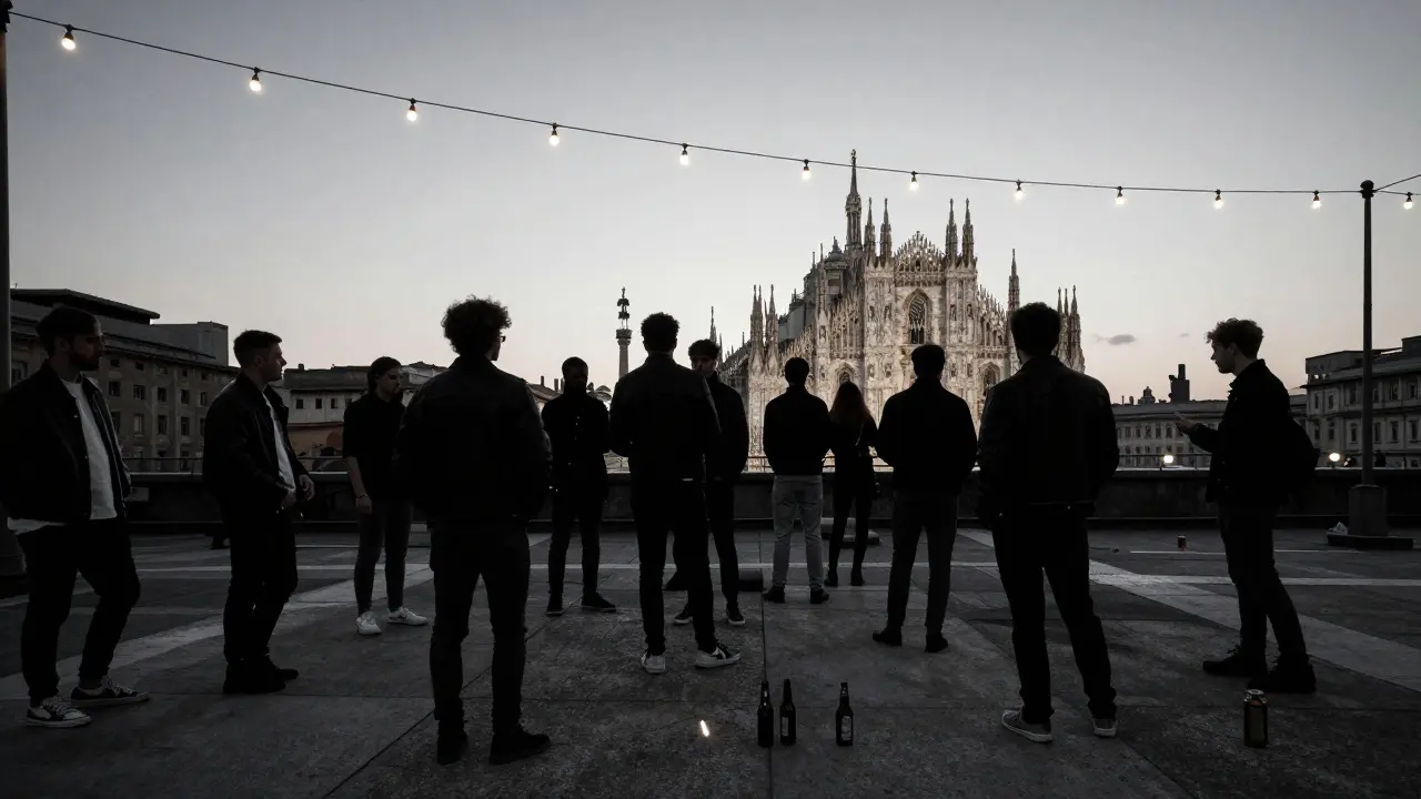 Rooftop at dawn in Porta Ticinese with young locals watching the sunrise over Milan’s skyline.