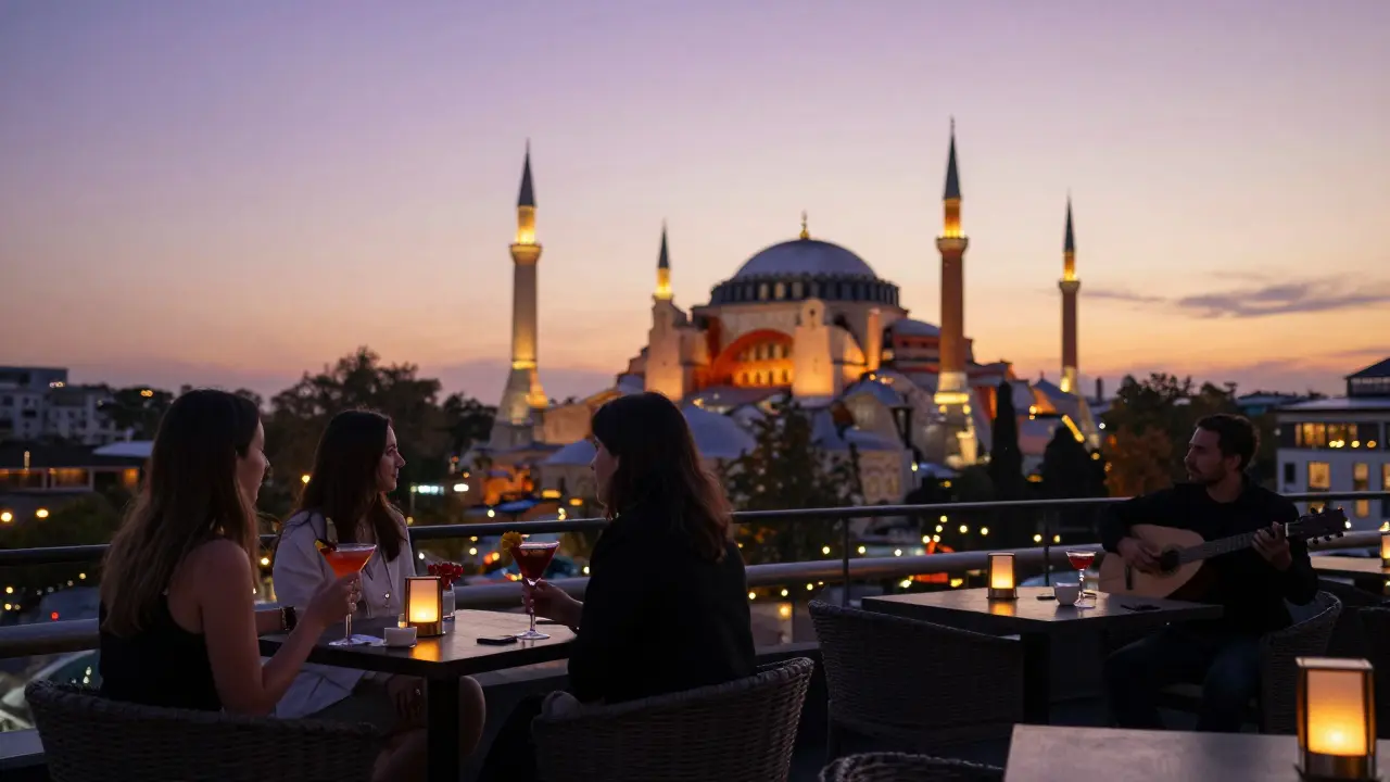 Rooftop bar at sunset overlooking Istanbul’s skyline with minarets glowing in golden light and guests enjoying cocktails.