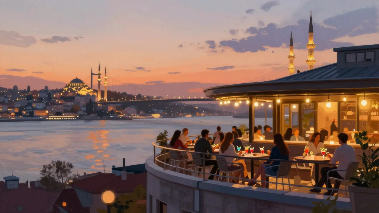 Rooftop lounge at sunset with city skyline in background, guests sipping cocktails under string lights.