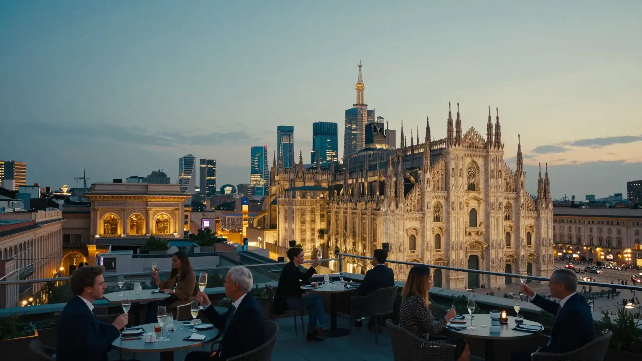 Rooftop terrace with panoramic view of Milan's illuminated skyline at dusk.