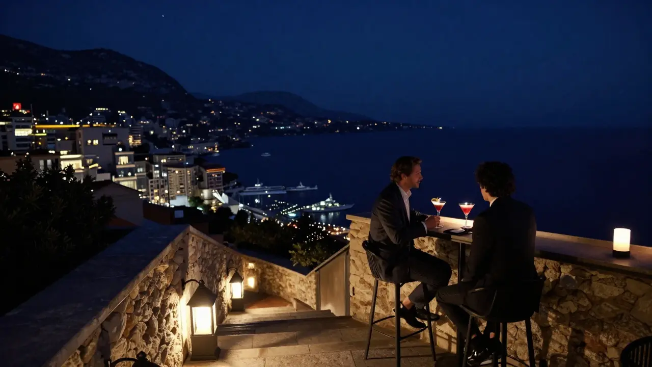 Serene rooftop bar with panoramic sea views, two people enjoying cocktails under the stars.