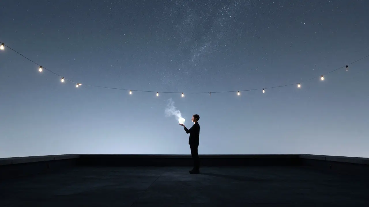 Solo figure on a mysterious rooftop holding a glowing cocktail under a star-filled sky with no city lights.
