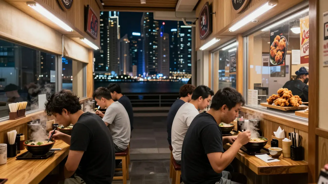 Steaming bowls of ramen at a 24-hour Ichiran outlet in Dubai Marina at night.