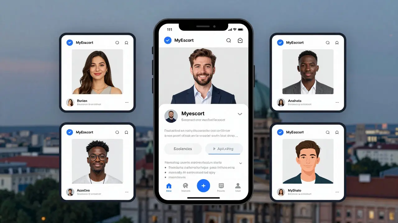 Three verified escort profiles on a digital platform with badges, showing diversity and transparency in Berlin's sex work scene.