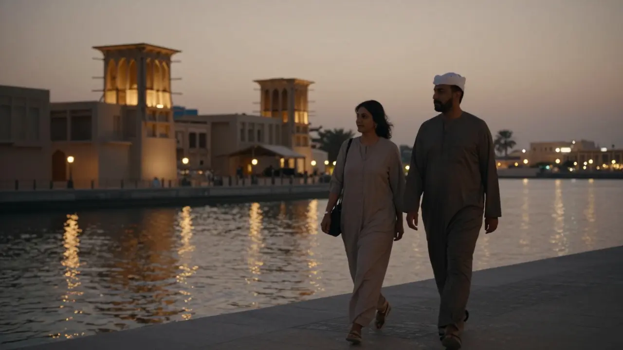 Two figures walking peacefully along Al Seef at dusk, lanterns reflecting on the creek under soft twilight.