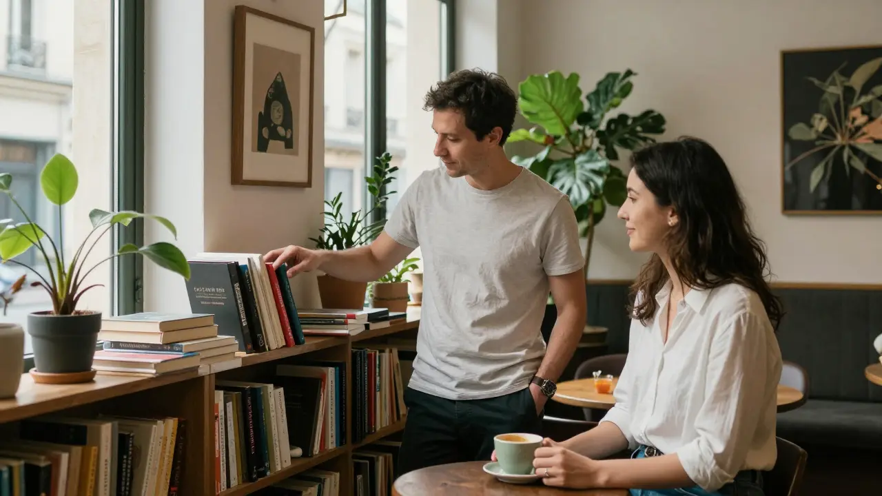 Two people engaging calmly in a bohemian Paris lounge surrounded by books and plants.