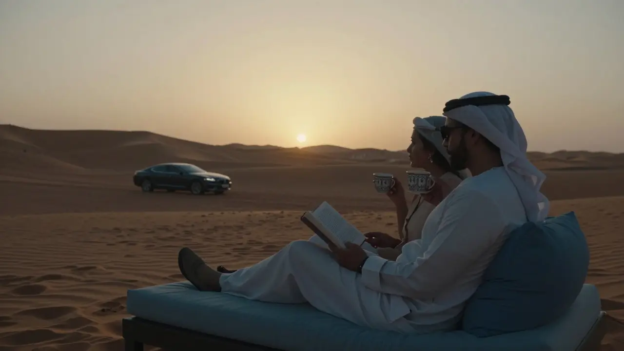 Two people enjoying quiet sunset coffee at a private desert villa in Abu Dhabi.