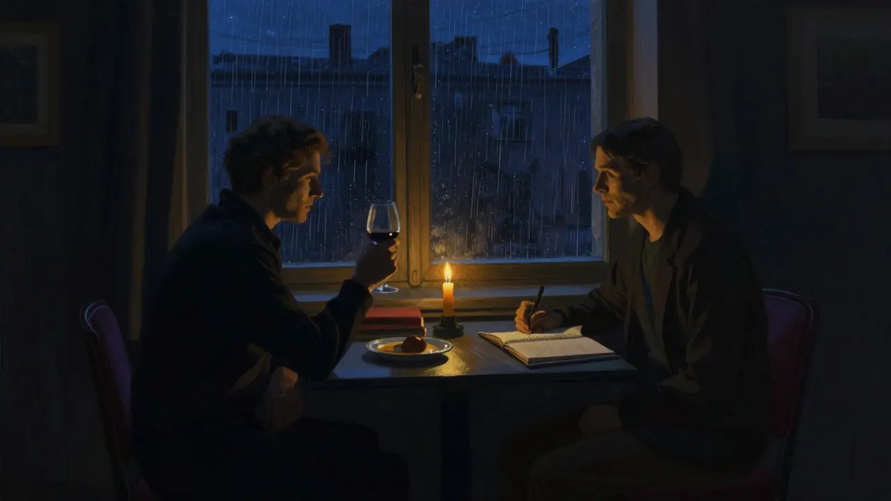 Two people share a quiet evening in a hotel room, connected by conversation, not touch.
