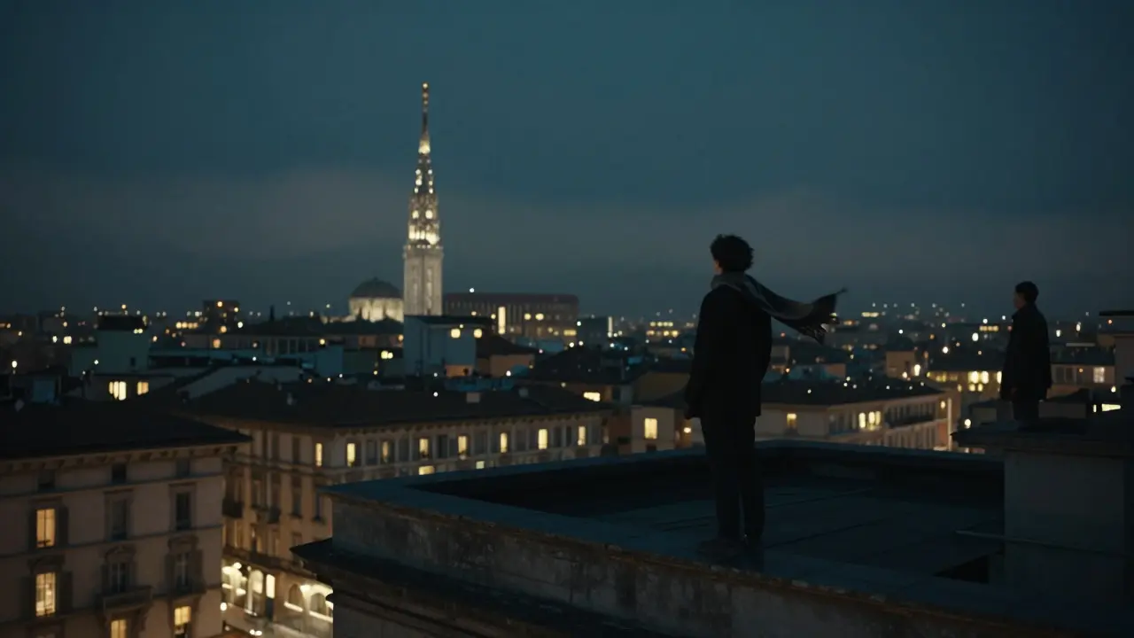 Two people stand in silent communion on a Milan rooftop at night, the Duomo glowing in the distance as mist rolls in from the Alps.