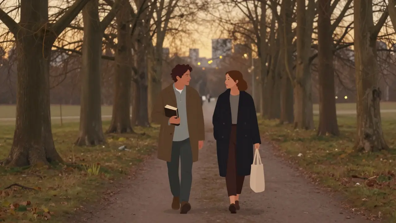 Two people walk peacefully through Tegel Forest at dusk, sharing a quiet moment amid trees and distant city lights.