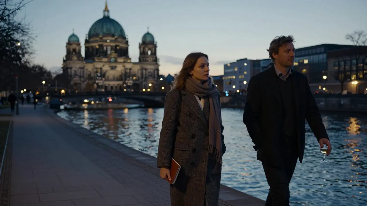 Two people walking peacefully along the Spree River at dusk, sharing a moment of quiet companionship under city lights.