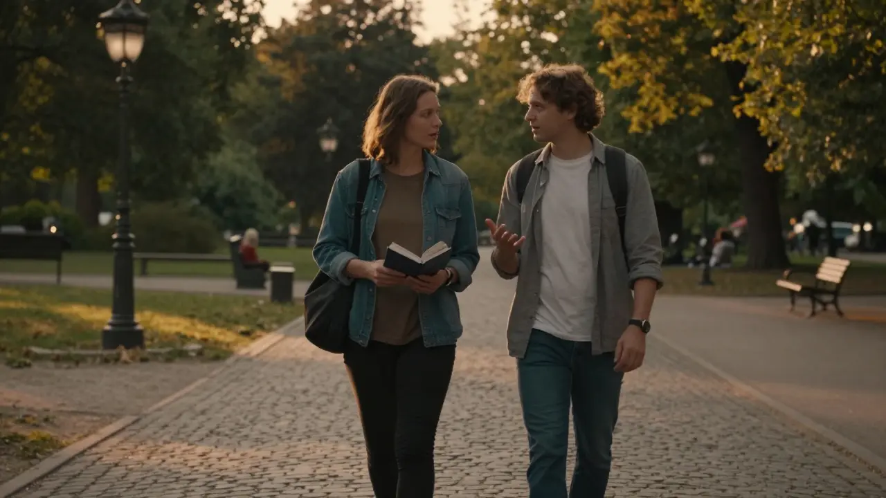Two people walking peacefully in a Berlin park, sharing quiet conversation, embodying companionship without romance or transaction.