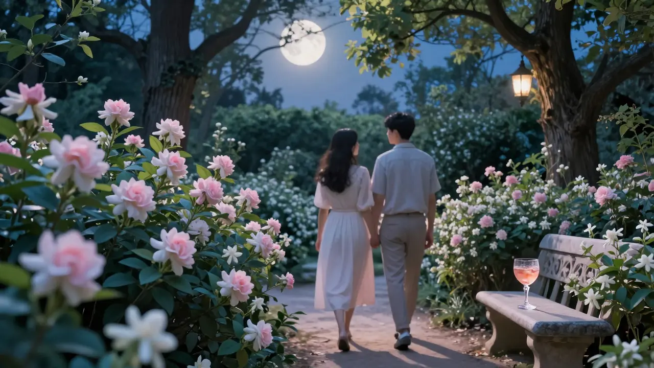 Two people walking through a moonlit botanical garden filled with fragrant flowers and hidden lanterns.