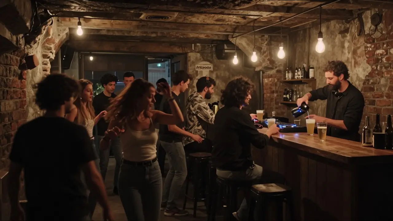 Underground club Arkaoda in Beyoğlu with exposed brick, dim lights, and people dancing to live music.