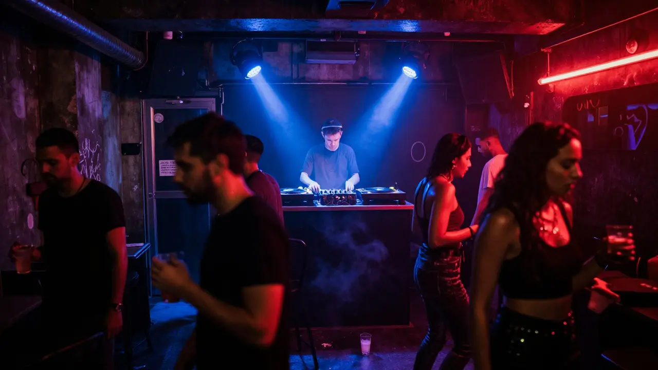 Underground club in Karaköy with industrial lighting and dancers moving to techno music under neon flashes.