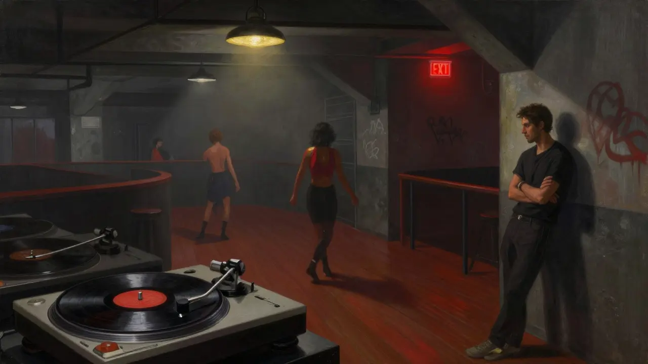 Underground club scene beneath railway tracks with dancers and vinyl records in dim, smoky light.