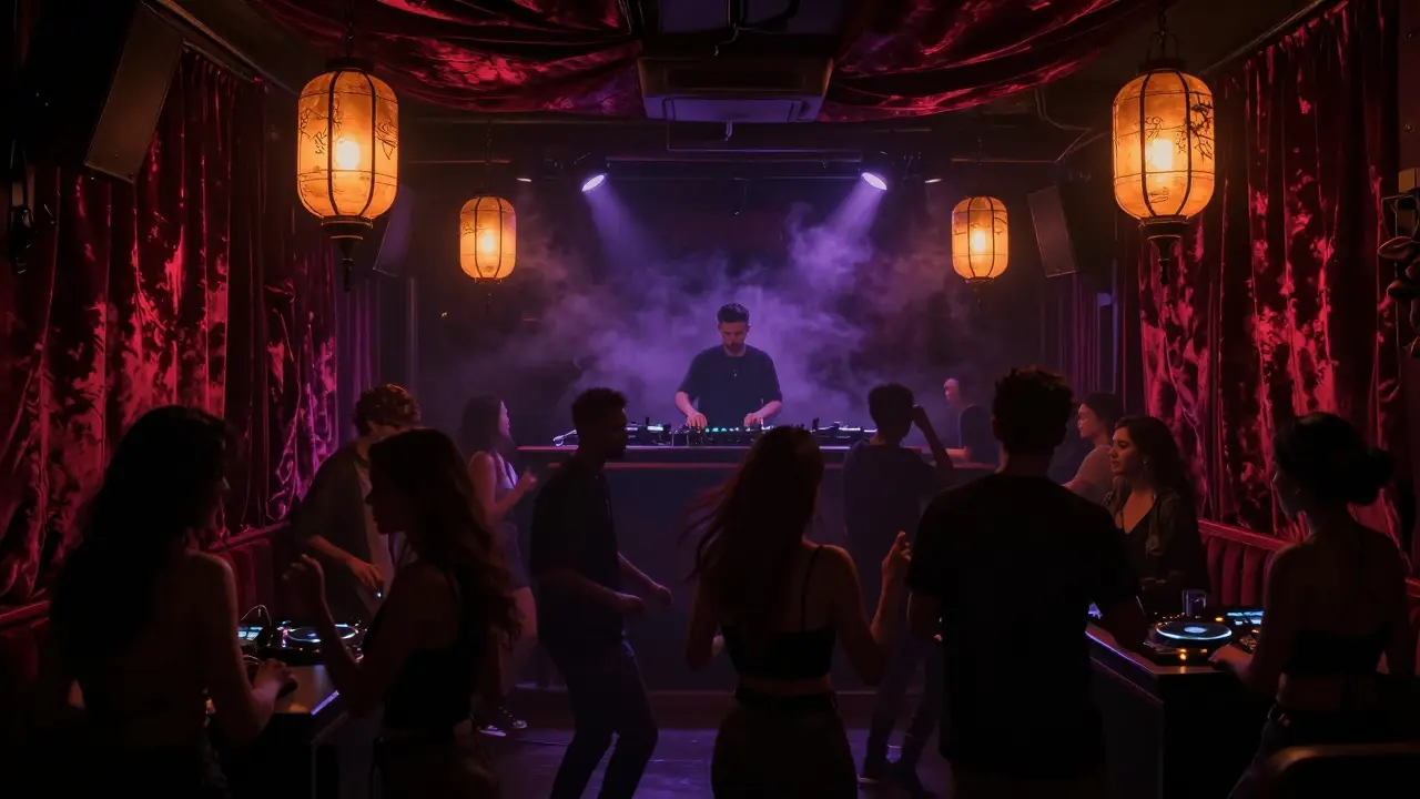 Vibrant crowd dancing in Opium's velvet-lined basement club with lanterns and bass-heavy energy.