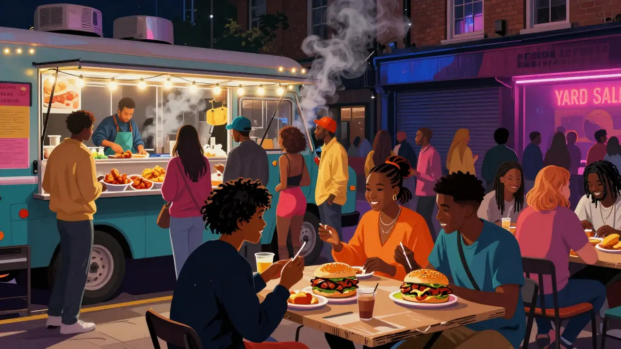 Vibrant food market at Yard Sale in Brixton with fried chicken and jerk pork buns.