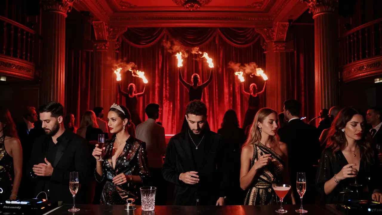 Vibrant nightclub interior with fire dancers and a stylish crowd dancing under dramatic lighting.